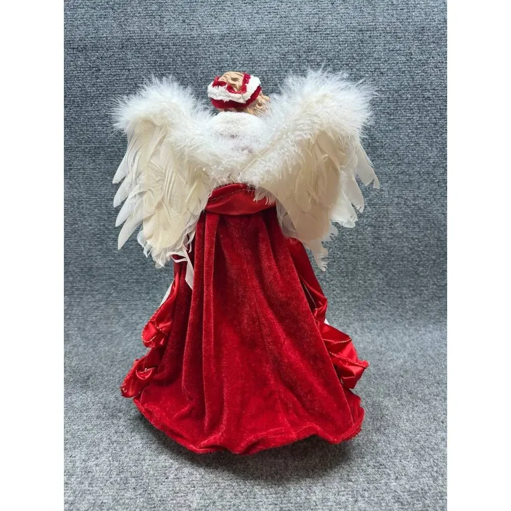 Christmas Angel Figurine Red Dress Feather Wings Holiday Decor